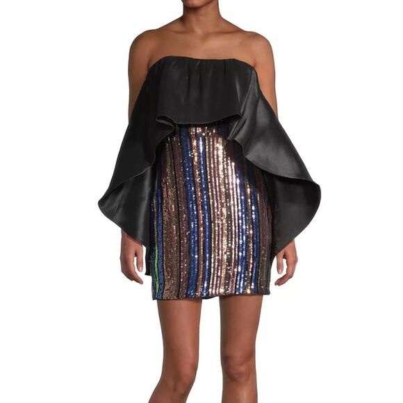 NWT! One33 Social Sequined Stripe Cape Minidress - Black Multicolor | Size 10 - Picture 1 of 13